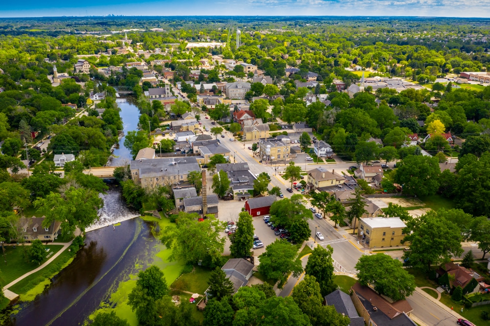 Aerial View of Cedarburg, home to the Strawberry Festival in Cedarburg, near Milwaukee, Wisconsin